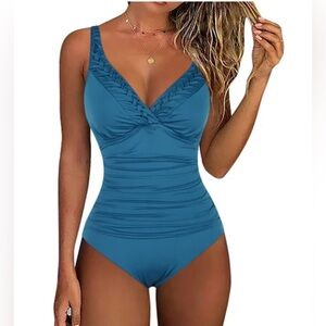 NWT! Hilor One Piece Pintucked Surplice Tummy Control Swimsuit- Aquamarine Blue